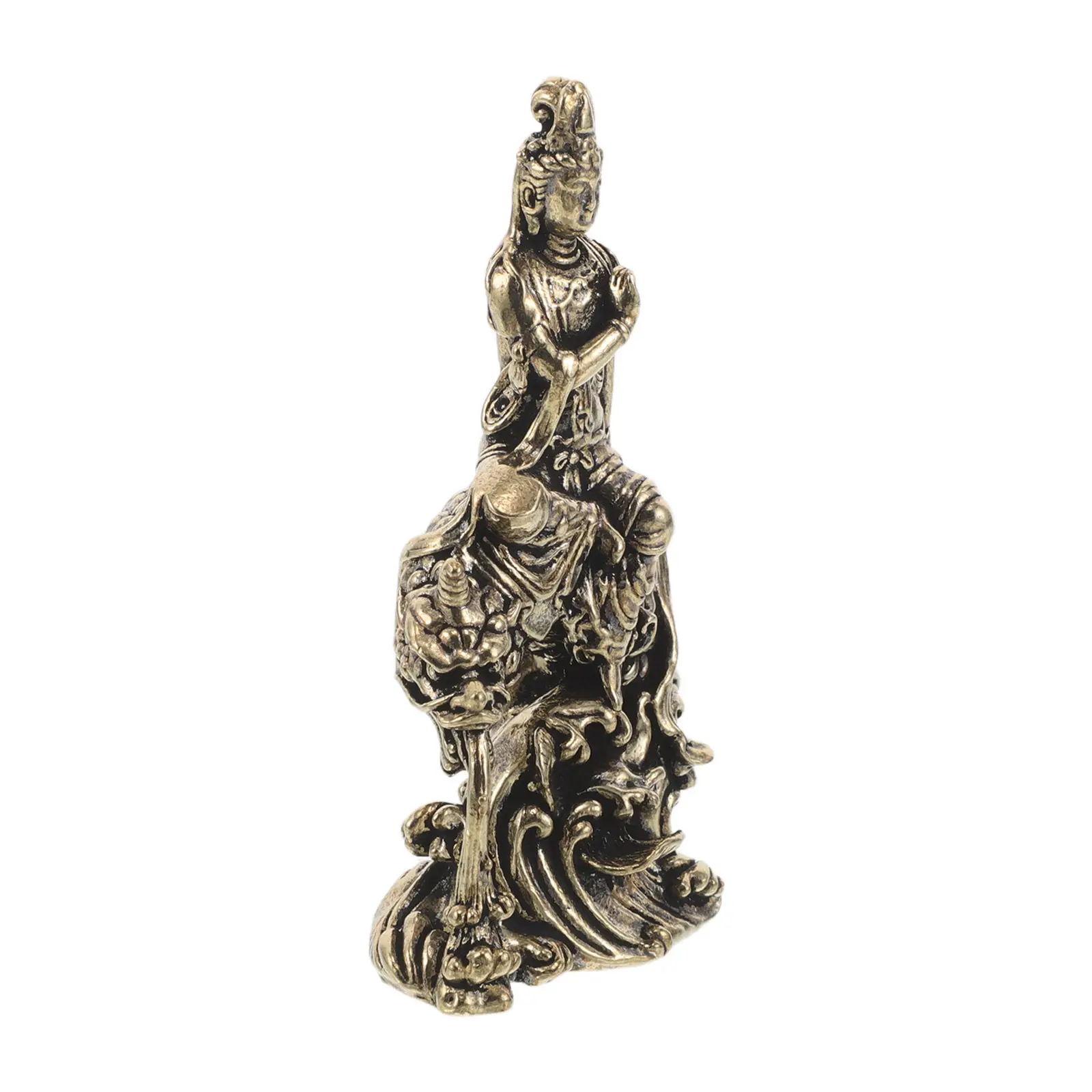 Vintage Kuanyin Statue Yellow Brass Fengshui Buddhist Sculpture Meditating Compassion Goddess Decor for Office Desk