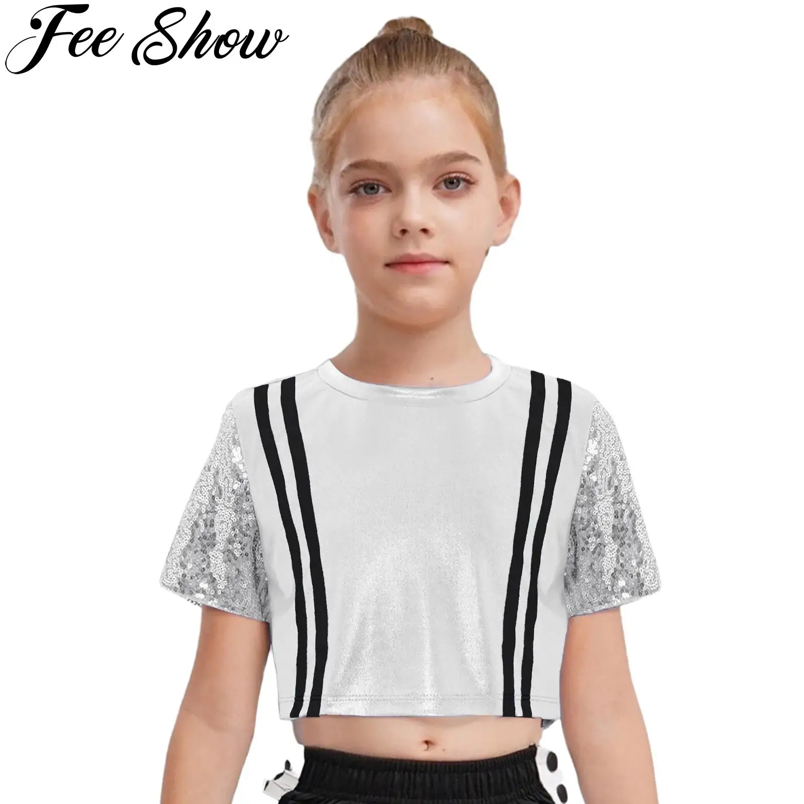 

Teen Girls Hip-Hop Jazz Street Dance Tops Shiny Sequins Short Sleeves Metallic Crop Top School Party Stage Performance Costume