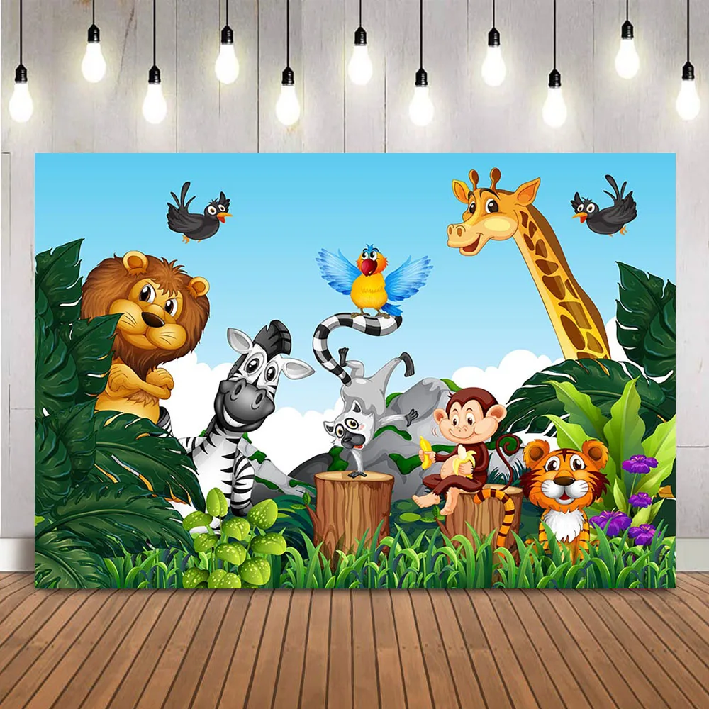 

Safari Jungle Animals Backdrop Happy Birthday Theme Party Background Woodland Newborn Kids Children Photo Booth Backdrop Decor