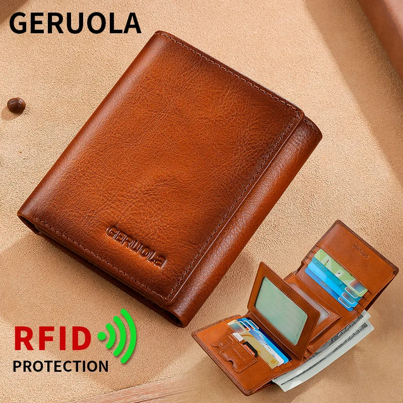 

RFID Men's Trifold Wallet with Multiple Card Slots, Genuine Leather Money Clip with 2 Mirrored Windows, Large Capacity RFID Bloc