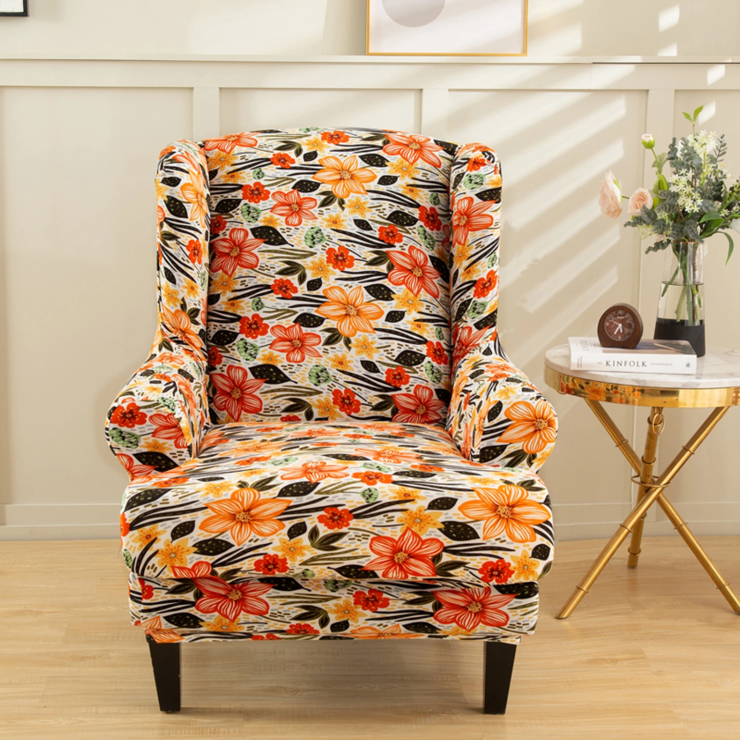 Add sophistication and style to your space with this elegant and stylish floral print stretchable spandex wing chair cover set.