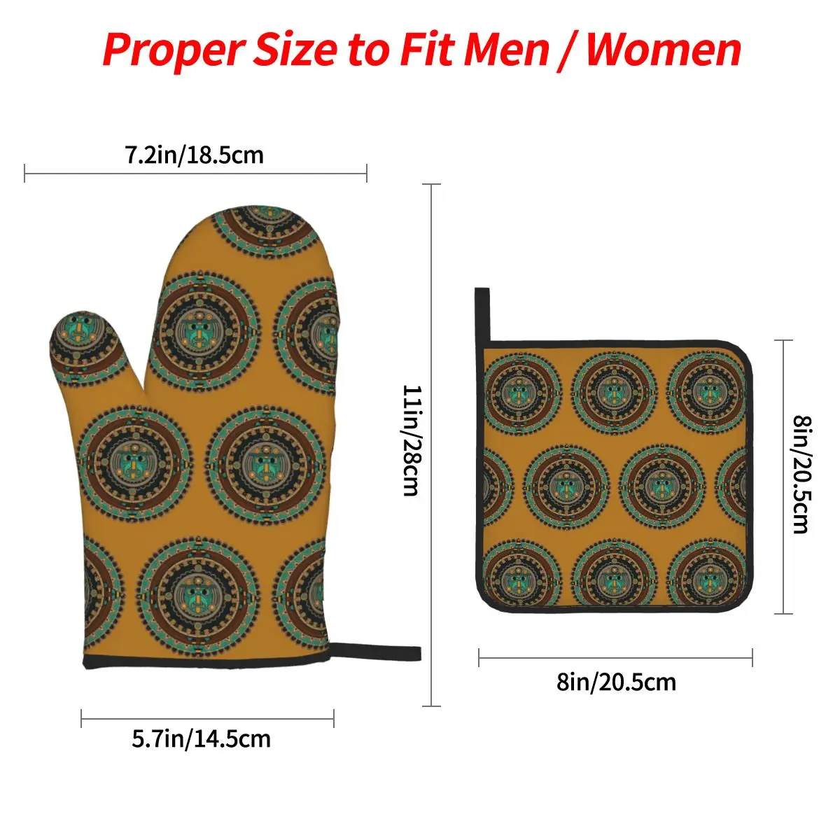 Aztec Calendar Oven Mitts and Pot Holder Sets of 4 for Baking Kitchen Cooking BBQ Resistant Non-Slip Gloves