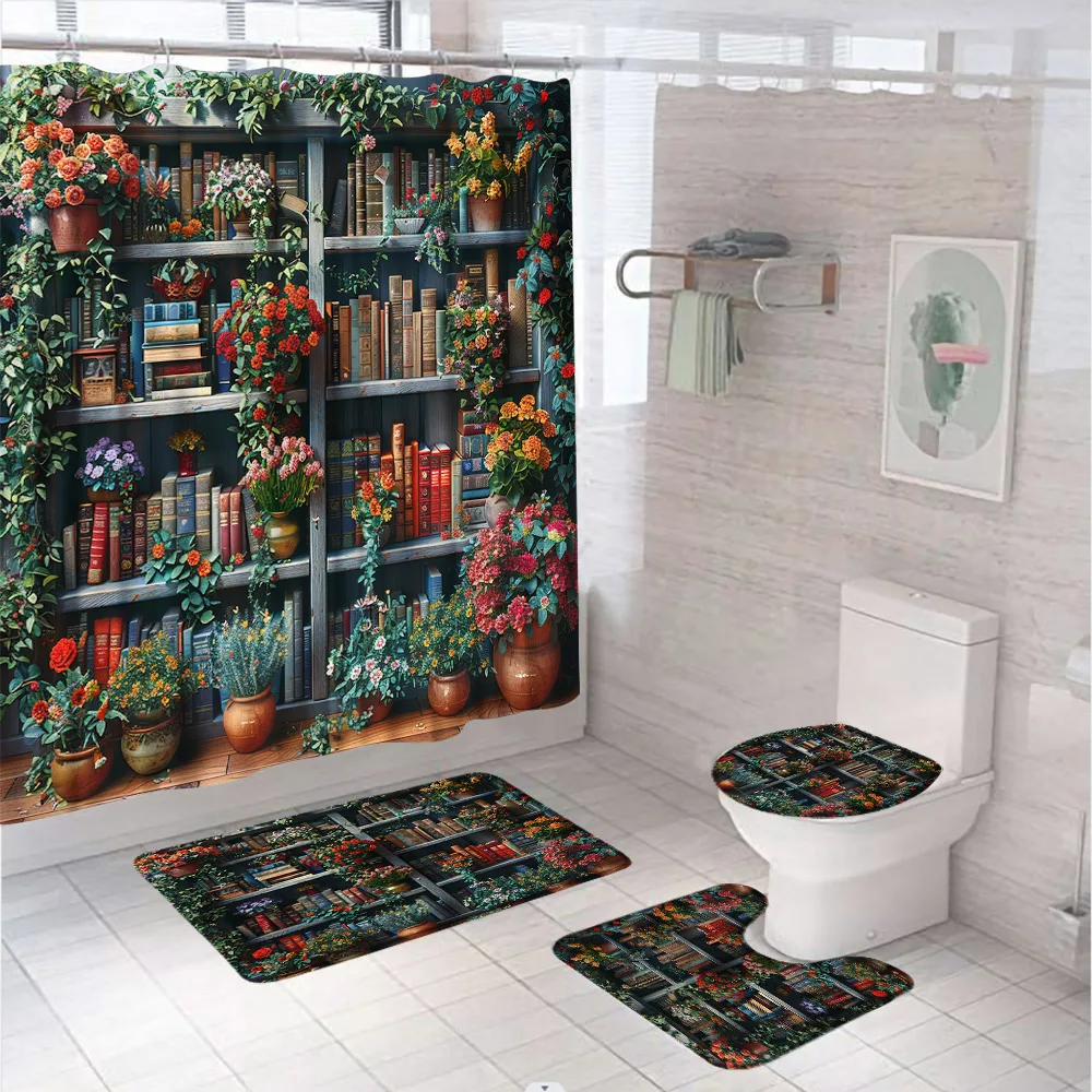 Bookshelf Shower Curtain Set with Rug Toilet Lid Cover Bath Mat Enchanted Book Garden Potted Plant Bathroom Curtains Accessories