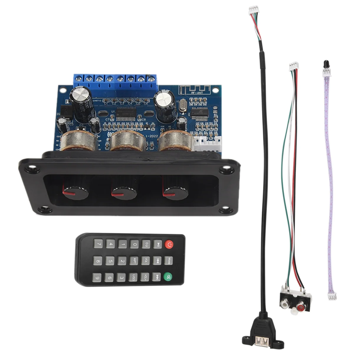 SMIEA Scheda amplificatore digitale a 2.1 canali 2X25W + 50W BT5.0 Subwoofer DC12-20V Scheda amplificatore + Linea AUX + Cavo USB + Telecomando