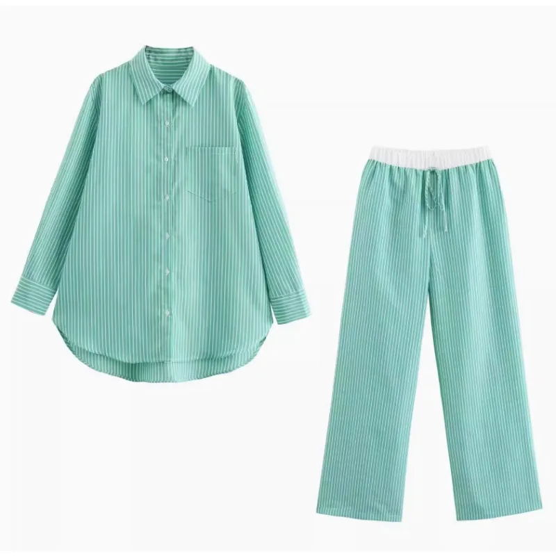 

SuperAen Autumn 2024 New Women's Fashion green stripe Long Sleeve Shirt Flower Pant Two Pieces Set