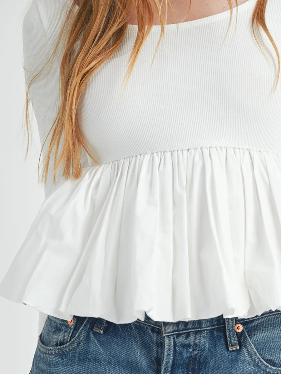 Женские топы с баской и длинными рукавами, повседневные однотонные базовые рубашки с рюшами по подолу, блузки для клуба, уличная одежда, эстетичная одежда