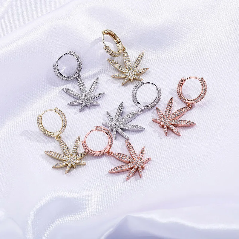 Iced Out CZ Maple Leaf  Hoop Earrings Hip Hop Bling Drop Earrings For Women Men Fashion Street Jewelry Gold Silver Rose Gold