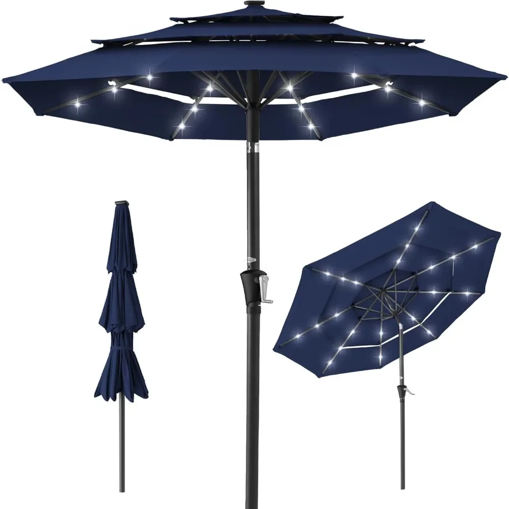 

10ft 3-Tier Solar Patio Umbrella, Outdoor Market Sun Shade for Backyard, Deck, Poolside w/ 24 LED Lights, Tilt Adjustment