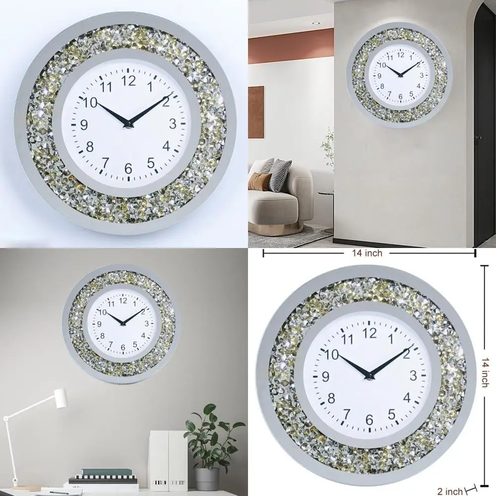 

Golden Round Crystal Wall Clock with Crushed Diamond Mirror for Home and Living Room Decor (35CM)
