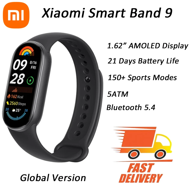 Смартфон Xiaomi Smart Band 9, экран 1,62 дюйма AMOLED, 21 день работы от батареи, поддержка 150 + спортивных режимов, 5 атм, Bluetooth 5,4