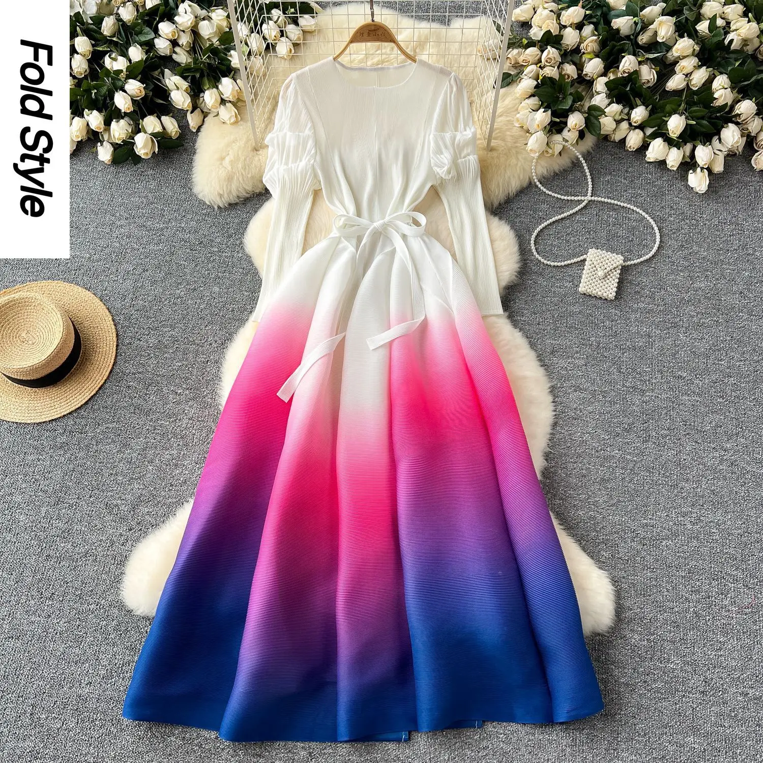 

Miyake Retro Round Neck Bud Sleeves Waist Straps Folds Gradual Change Color Dress Women's Thin High-end Long Skirt