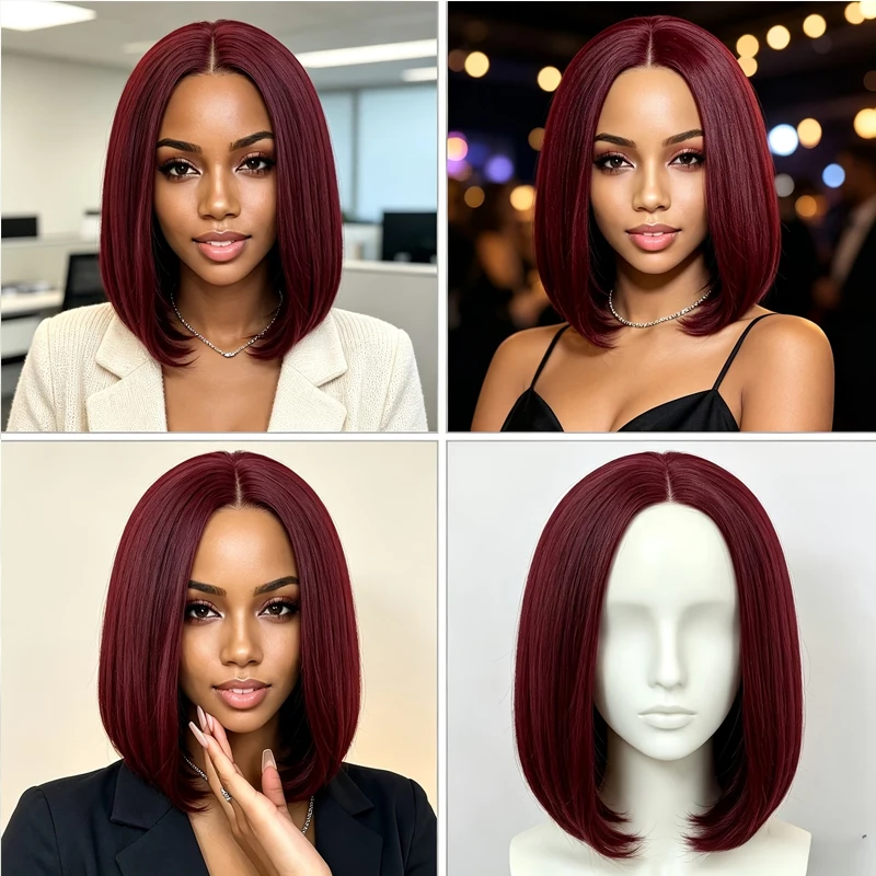 Women’s 12-inch synthetic burgundy bob wig, centre-parted straight hair, suitable for everyday wear and cosplay looks