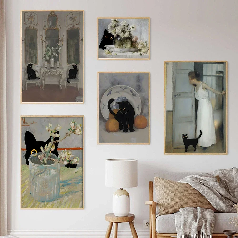 Abstract Nordic Retro Oil Canvas Painting European Style Living Room Wall Decor Black Cat Noble Famliy Poster Print Home Woman