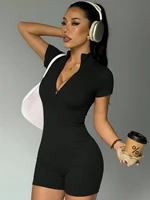 Women Half Zip Ribbed Knit Sports Romper - Image 3