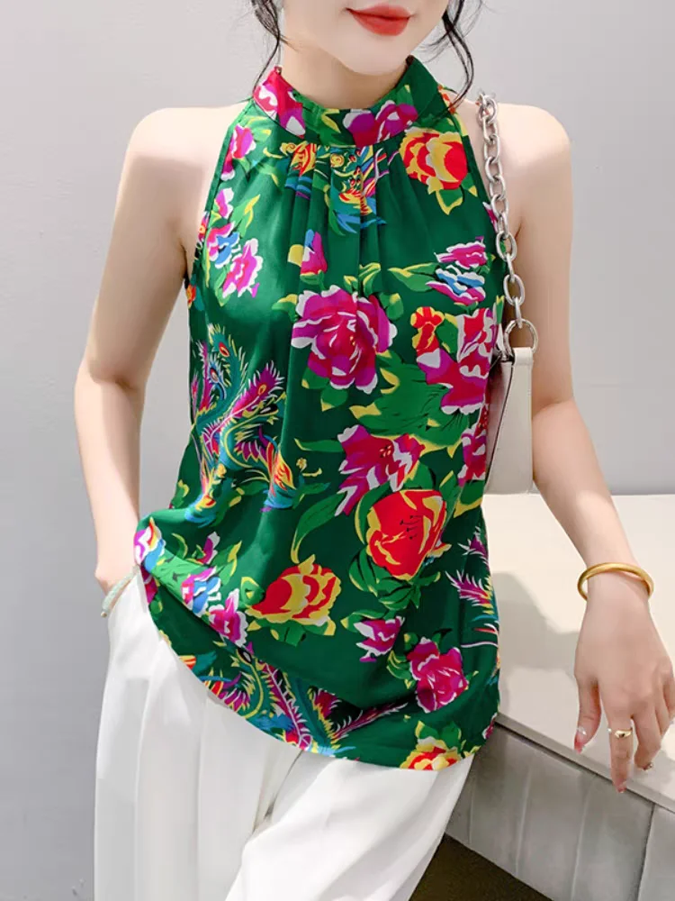 Women Halter Collar Chiffon Camis Tops Female Sleeveless Summer Printed Flowers Loose Simple Base Tees Tanks