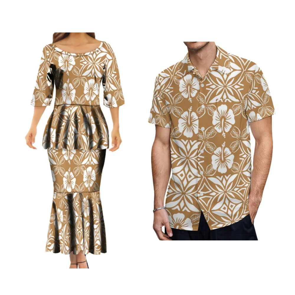 Polynesian Puletasi Pleated Fishtail Skirt Slim Maxi Dress Samoan Print Couples Matching Dress Hawaiian Formal Men\'S Shirt