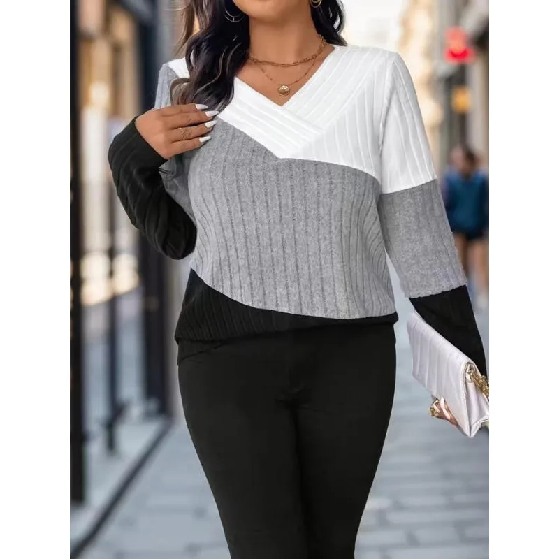 Pull à manches longues et col en V pour femme, grande taille, mode automne, Colorblock, décontracté, quotidien