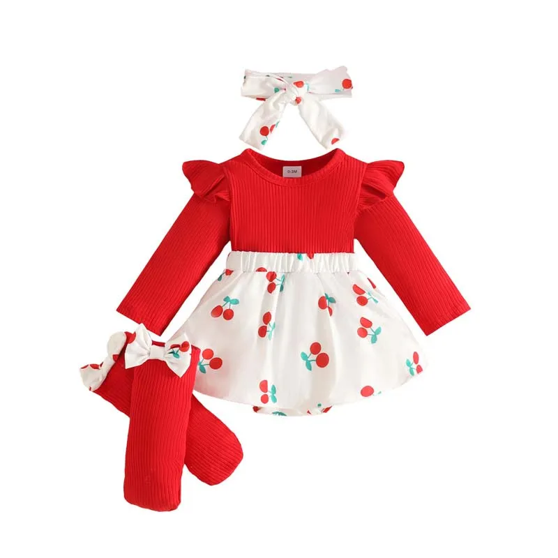 Newborn Baby Girl Outfit Set Ruffle Long Sleeve Top Cherry Print Skirt Leg Warmers Bow Headband Infant Spring Clothes Set 0‑18M