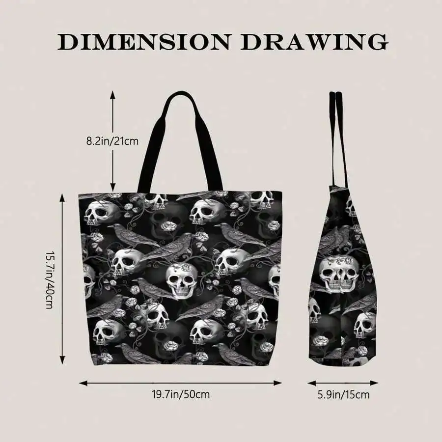 

Gothic Skull Raven Rose Tote Bag For Adults Dark Aesthetic Punk Rock Halloween Shopping Travel Bag
