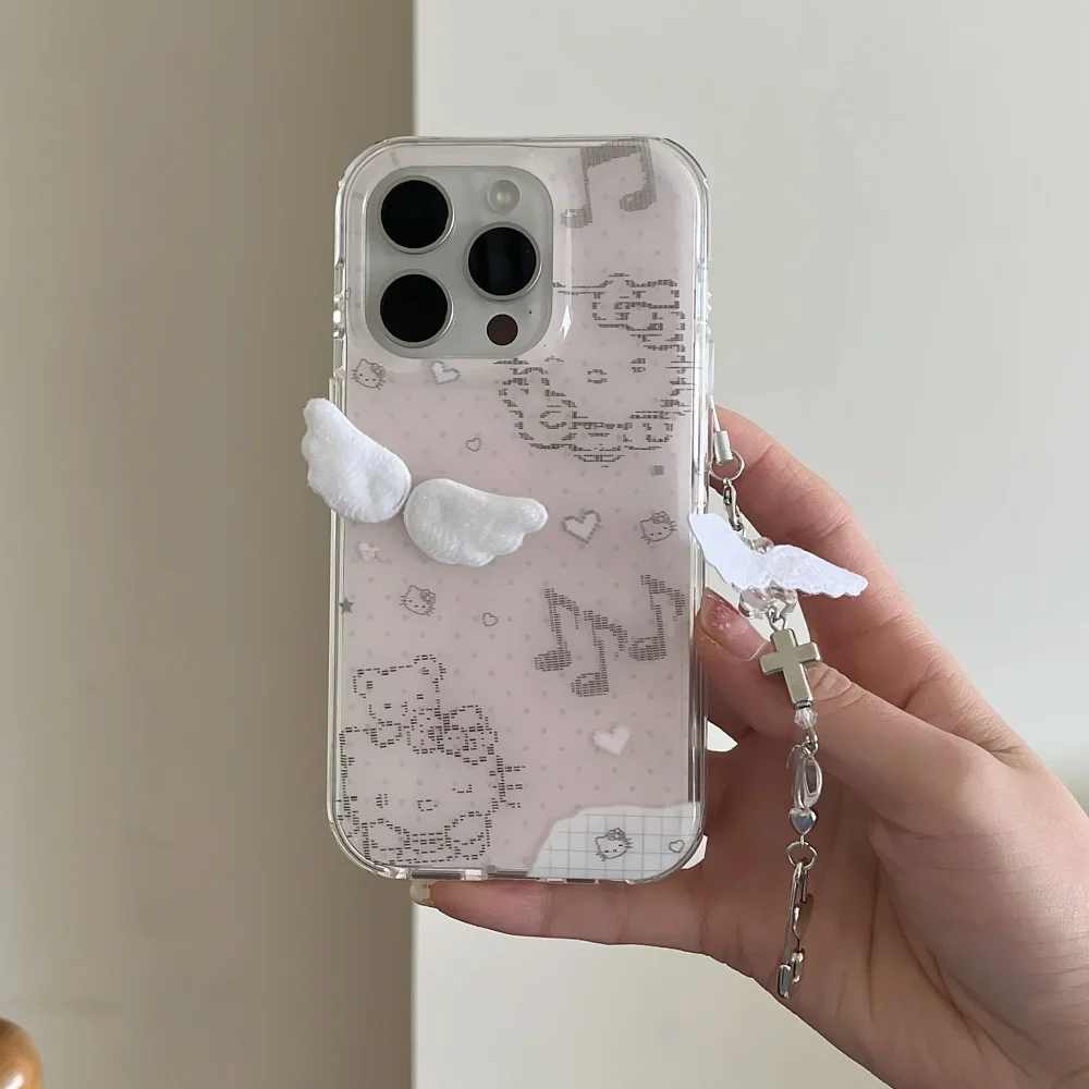 헬로키티 3D 날개 디자인 아이폰 16 15 14 Pro Max 범퍼 충격 방지 백 커버 (손목 스트랩 팔찌 참 포함)