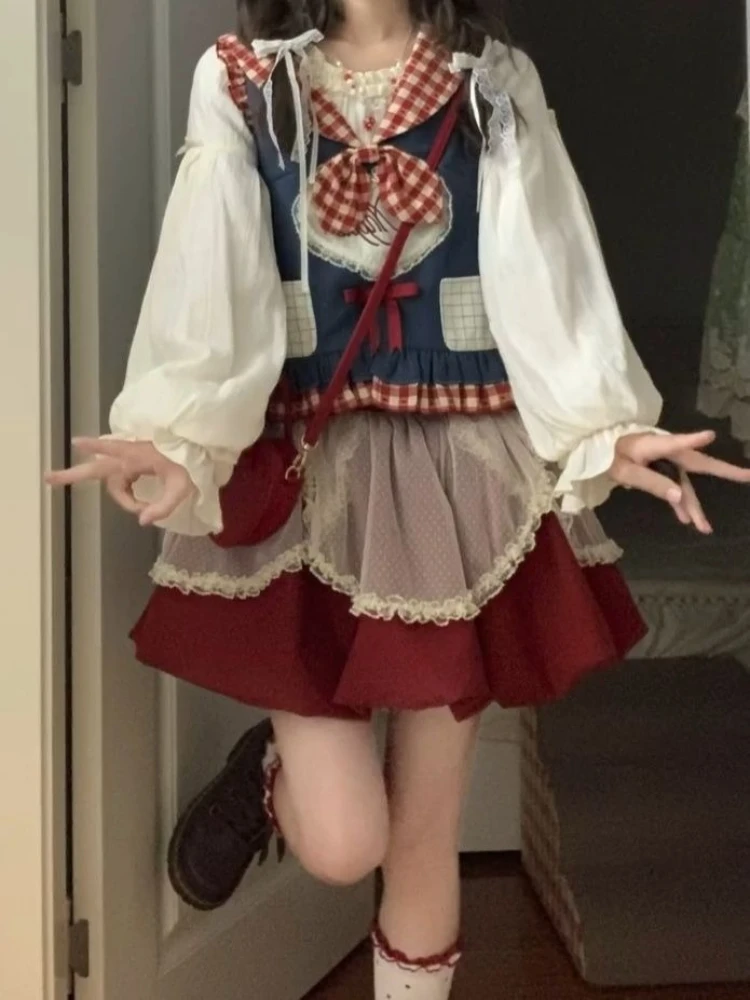 Frühling Süße Vintage Elegante Frau 3-teilige Sets Lolita Spitze Schleife Weste + Langarm Bluse + Rock mit hoher Taille weibliche Y2k Outfits