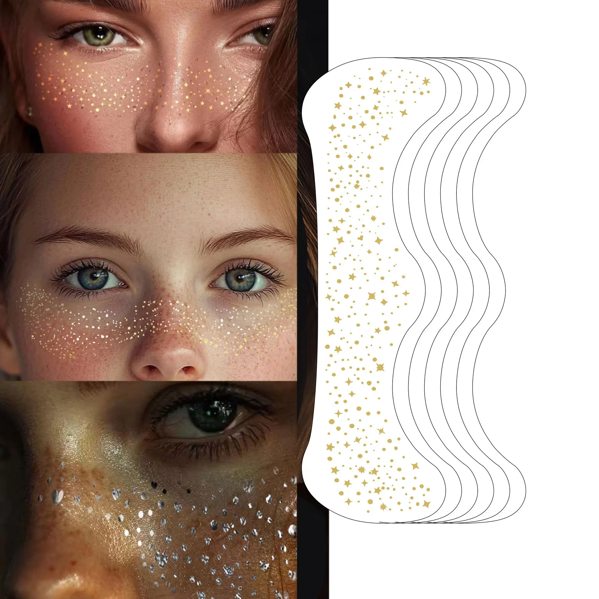 6pcs Fake Freckle Stickers for Women Waterproof Golden Silver Glitter Temporary Tattoos for Face Makeup Holiday Music Party