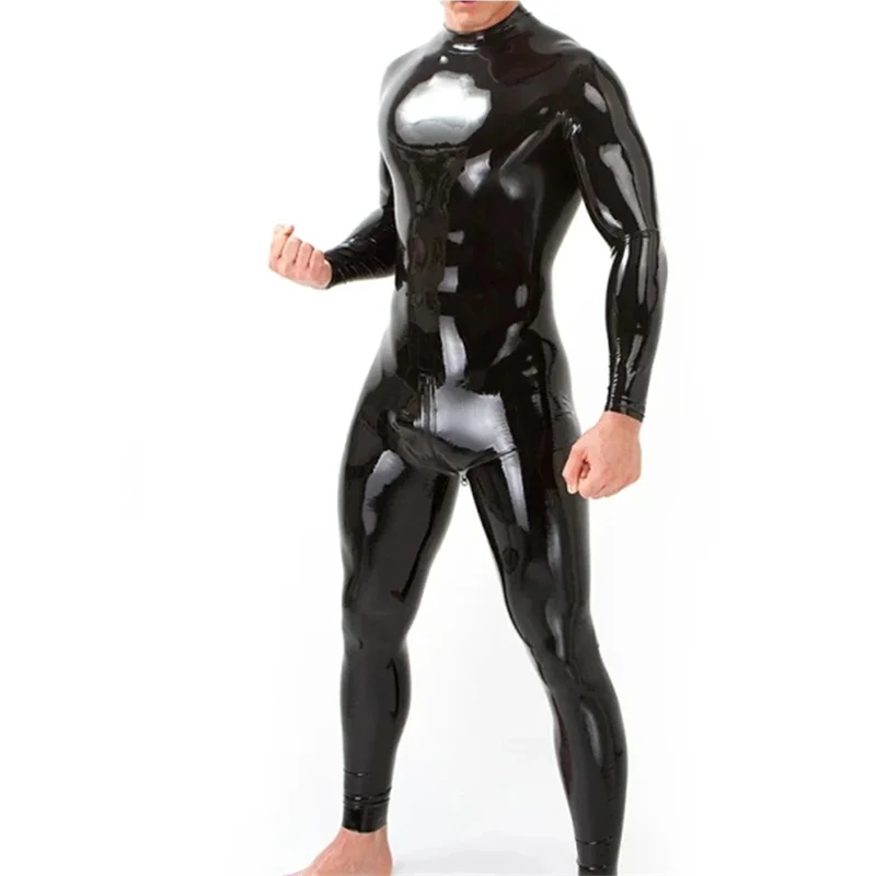 Men Neck Entry Latex Catsuit Rubber Bodysuit Handmade with Crotch Zip Club Party Customize 0.4mm