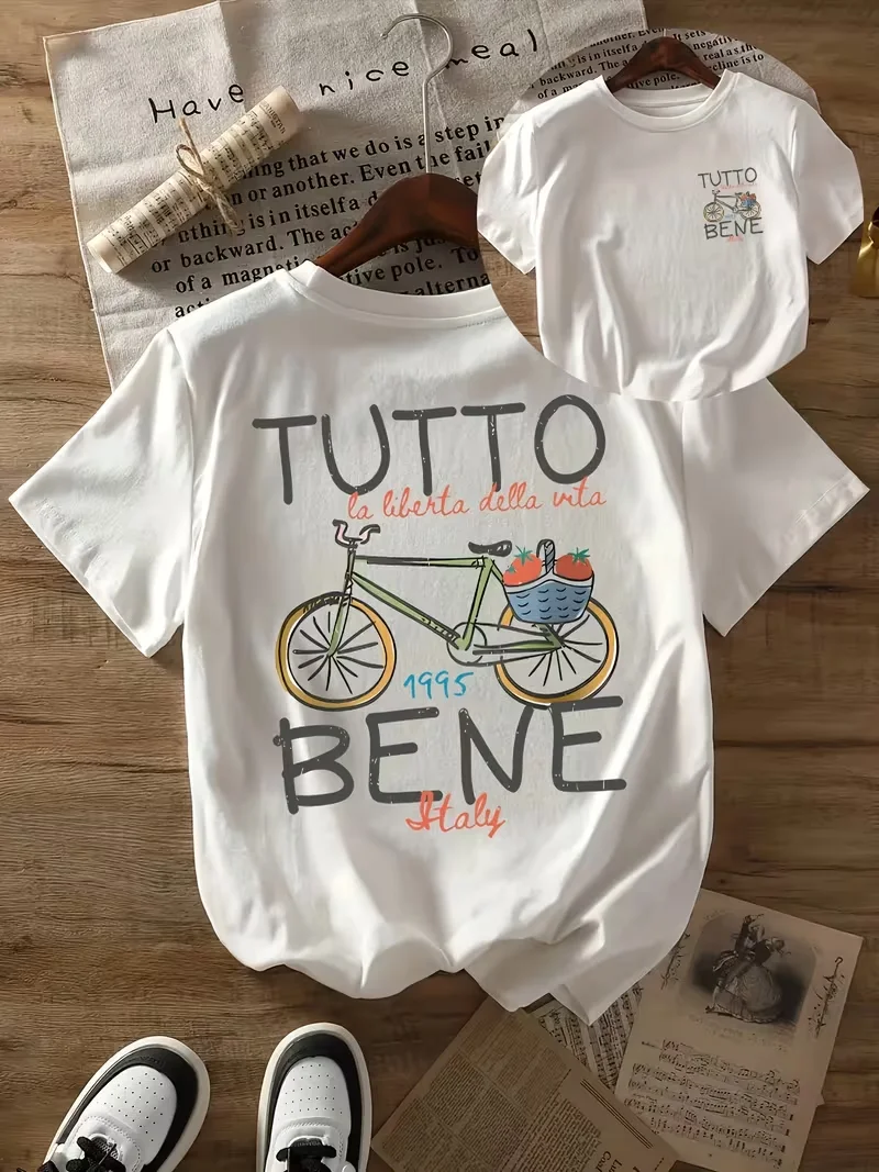 Tutto Bene Italian Bicycle Graphic T-Shirt, Casual Loose Crew Neck Short Sleeve, Retro 90s Print, Breathable Casual Daily Top