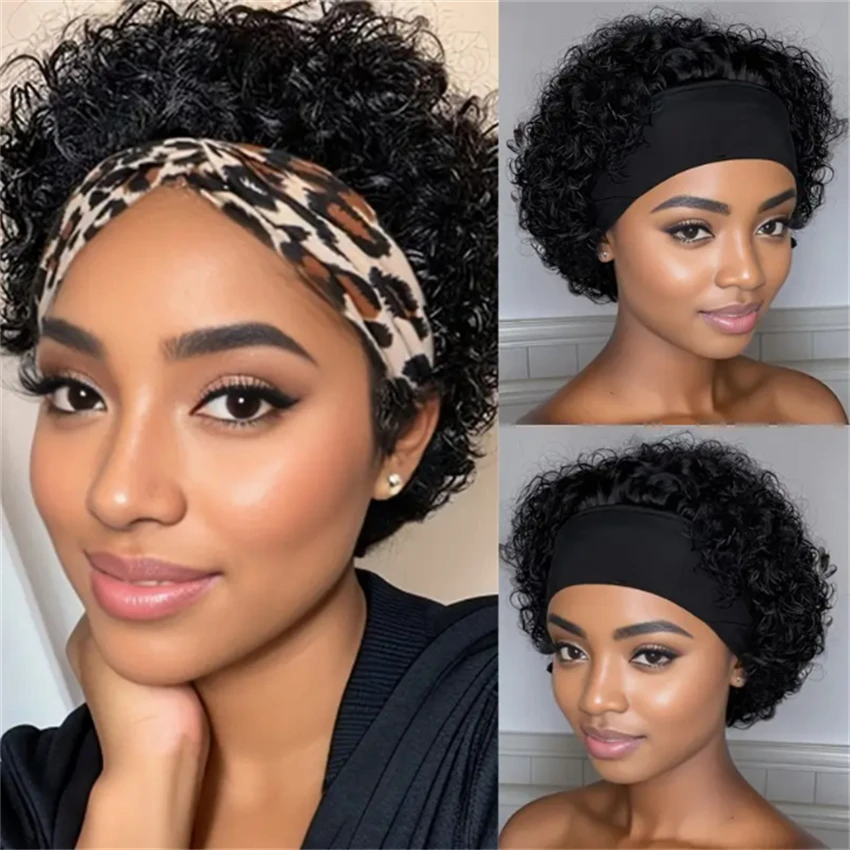 Headband Wig for Women, Natural Black Machine Made Curly Short Bob Cut Wig, 150% Density, Easy Wear Headband Bob Wig