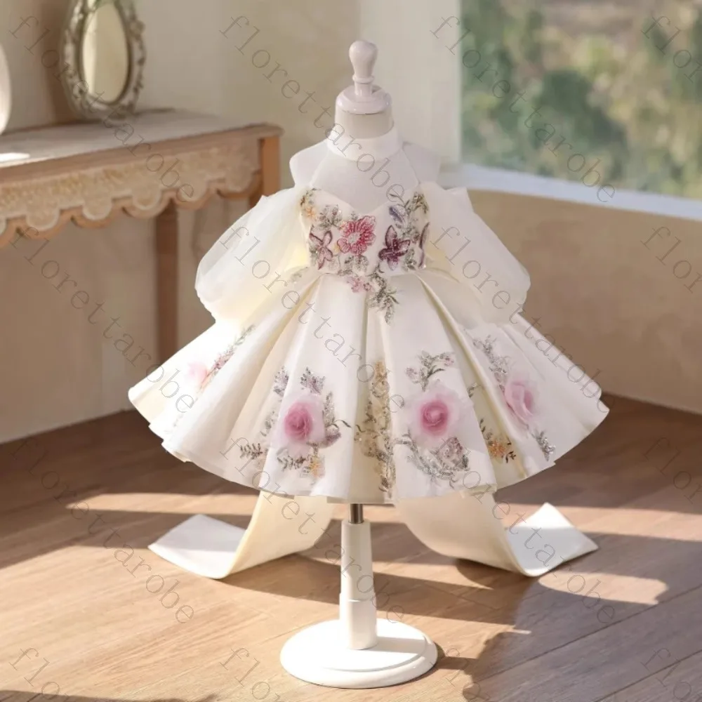 Customized White Flower Girl Dress A Line Short High Neck Puff Sleeve Satin Floral Print Bow Sash Wedding Birthday Party Gown