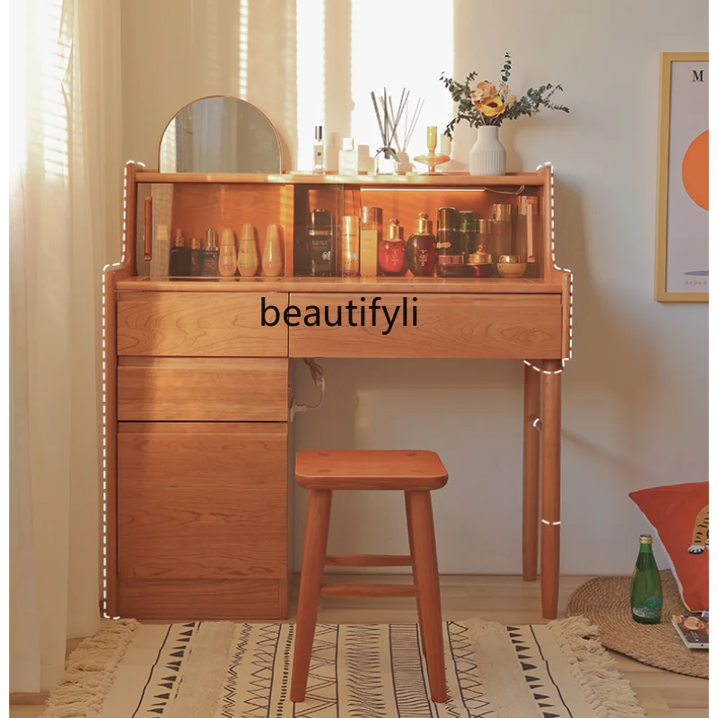 

Solid Wood Dresser Makeup Table Japanese and Nordic Style with Light Dresser Desk Integrated Storage Cabinet Cherrywood