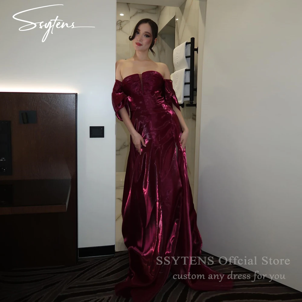 

SSYTENS Burgundy Satin Women's Formal Evening Gowns Off The Shoulder Long A Line Prom Dress Backless Robes De Soirée Customized