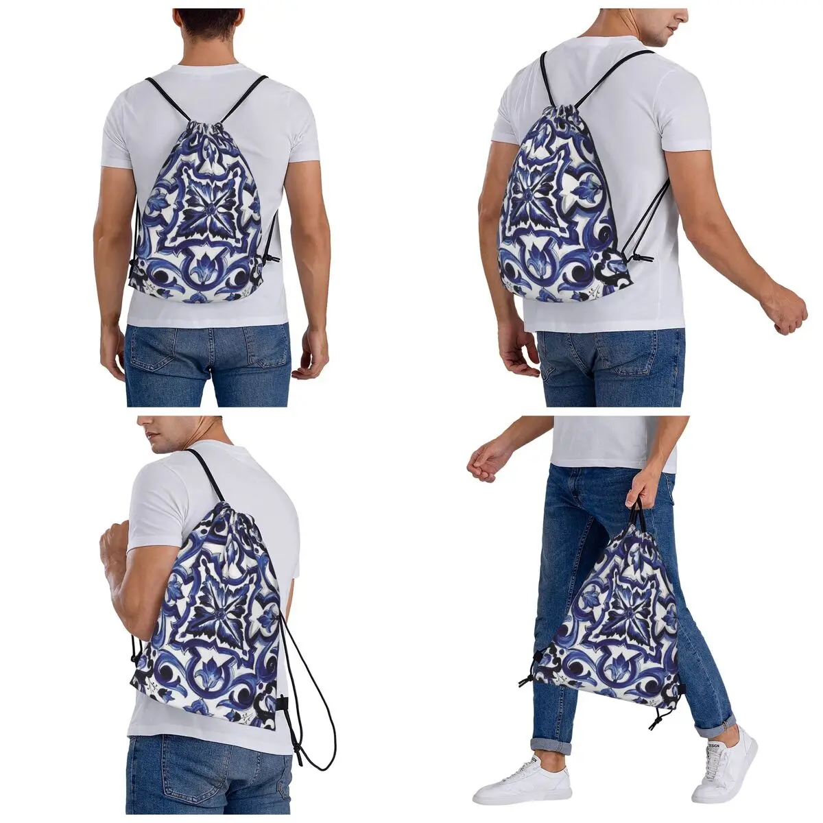 Blue Ornate Floral Mediterranean Sicilian Tile Backpacks Fashion Drawstring Bags Storage Bag Book Bags for Travel School