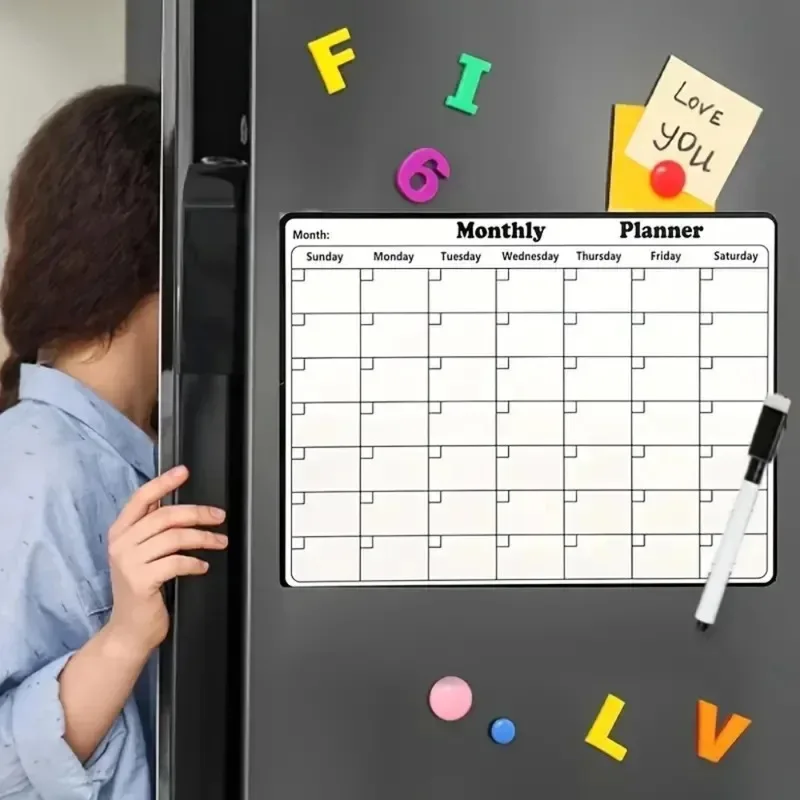 Magnetic Fridge Dry-Erase Calendar, Monthly Planner Whiteboard, Waterproof Oil-Resistant Message Board & Notepad for Kitchen