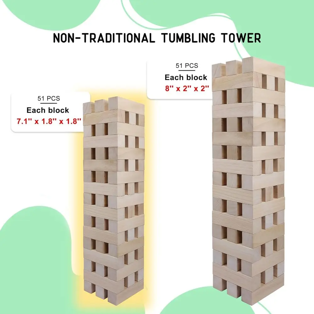 Juego gigante de apilamiento de madera de 51 piezas: torre de caída para niños y adultos: desafío de bloques de madera para exteriores/interiores