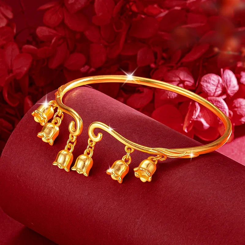 

Golden Multi Flowers Bells Open Bangles Bracelets for Women Size Adjustable Wristband Wedding Jewelry Party Gifts