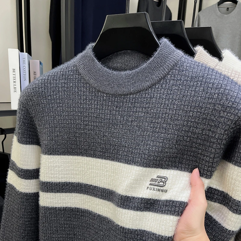 Men's Mink Fur Round Neck Striped Sweater with Thick Fleece for Warmth, Knitted Sweater for Winter Base