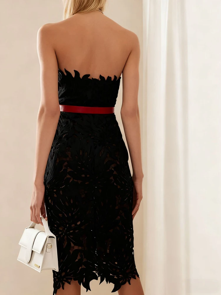 فستان حفلات مطرز على شكل أوراق القيقب للنساء أنيق بدون ظهر فستان نحيف مثير بدون حمالات بدون أكمام فستان ميدي سادة