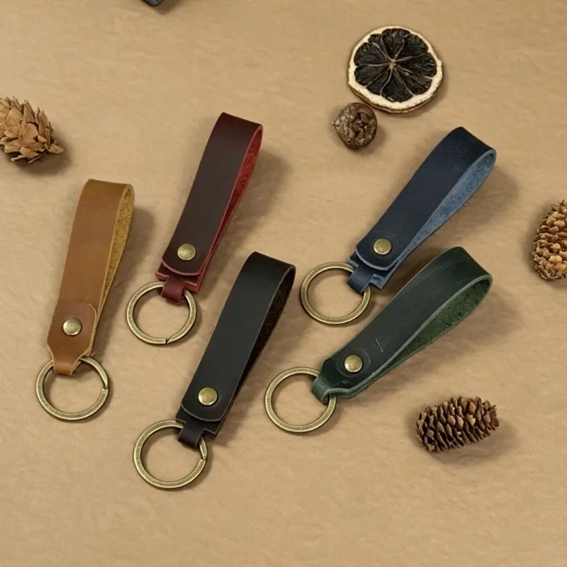 Genuine Leather Keychain Vintage Top Grain Cowhide Key Ring with Antique Brass Clasp for Bag Car Keys Gift for Men Women