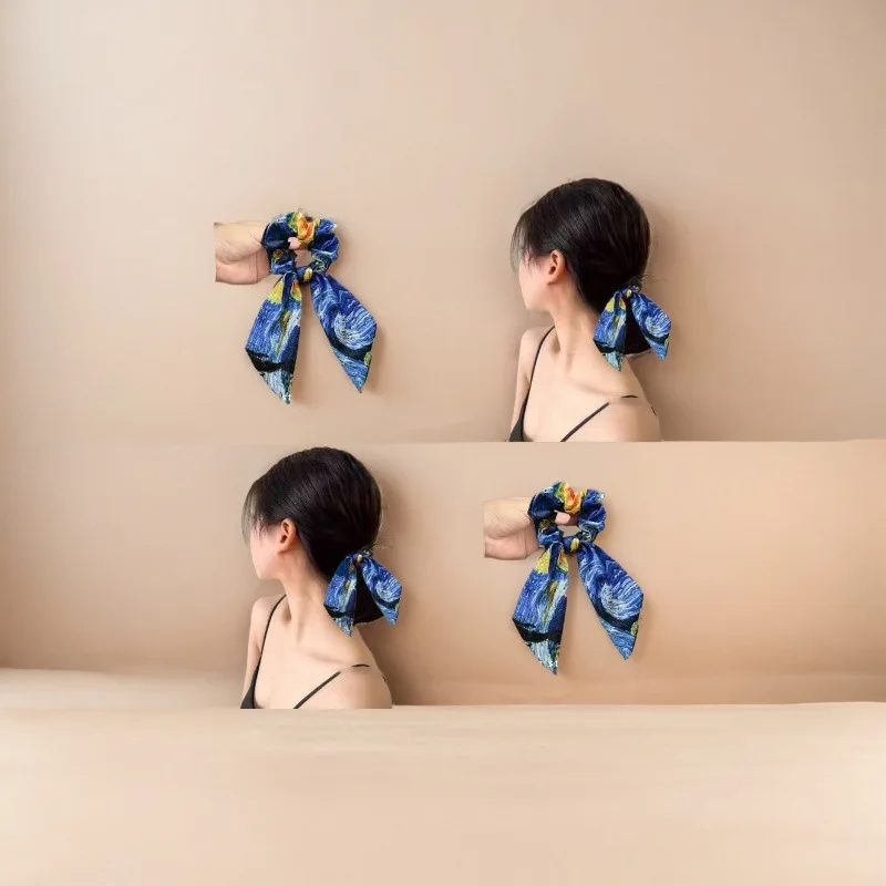 accessoires-de-mode-pour-femmes-Elastique-a-cheveux-volumineux-bandeau-et-sangle-a-cheveux-en-satin-motif-rose-van-gogh-et-ciel-etoile-peinture-a-l'huile