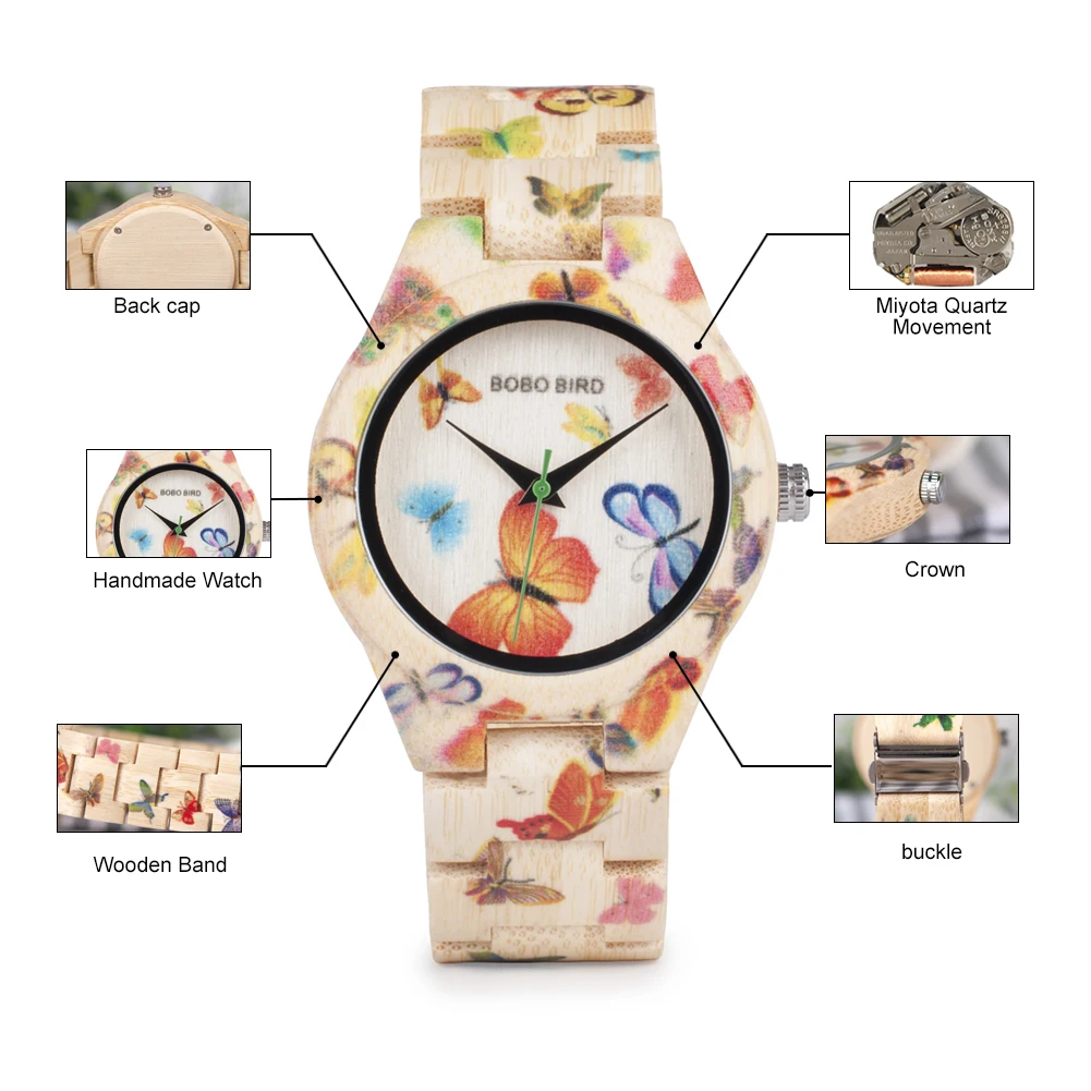 BOBO BIRD relojes de madera para mujer, reloj de pulsera de cuarzo hecho a mano con grabado de lujo para mujer, reloj informal Floral con estampado de madera