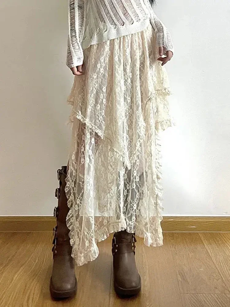 

Vintage Y2K Boho Aesthetic Fashion Asymmetrical Lace Skirt Women High Waist Mid Skirts Fairycore Lady Holiday Mesh A-line Skirt