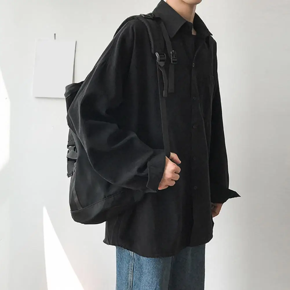 Мужская рубашка с лацканами и длинным рукавом, однобортная рубашка, топы, однотонная повседневная рубашка с накладными карманами, свободная посадка, удобная куртка