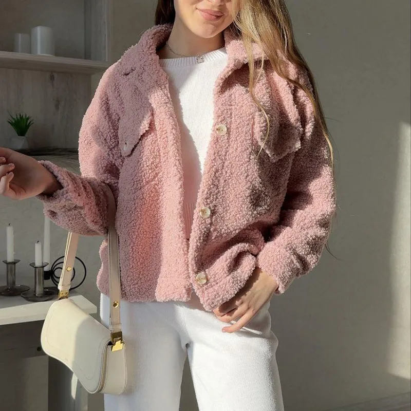 

2025 New Fashion Slim Button Plush Jacket Women Winter Casual Loose Solid Color Lapel Long Sleeve Top Jacket Women