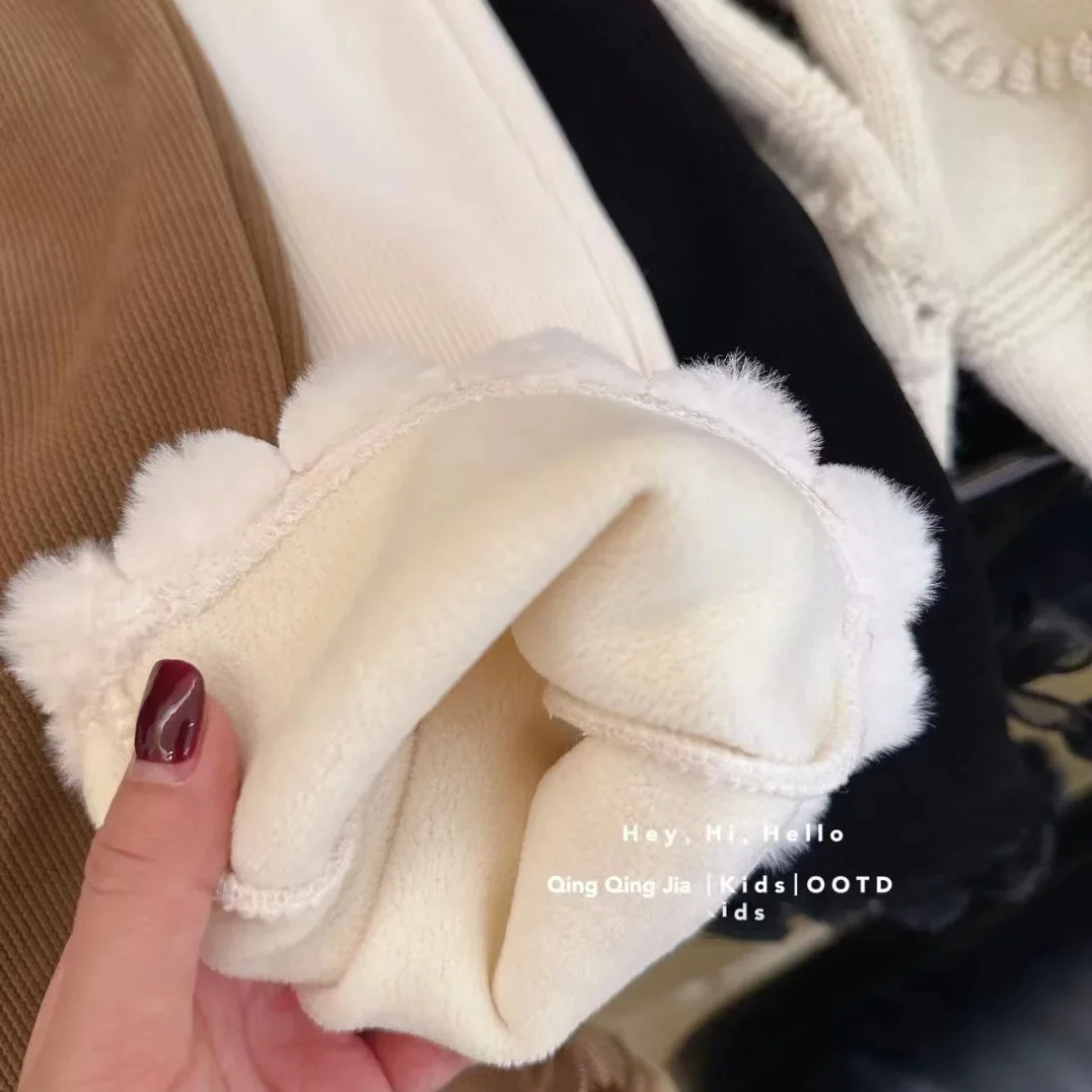 سروال قصير للفتيات على الطراز الكوري - سروال ضيق مخملي سميك متوهج لخريف وشتاء بنطلون فضفاض للأطفال #4