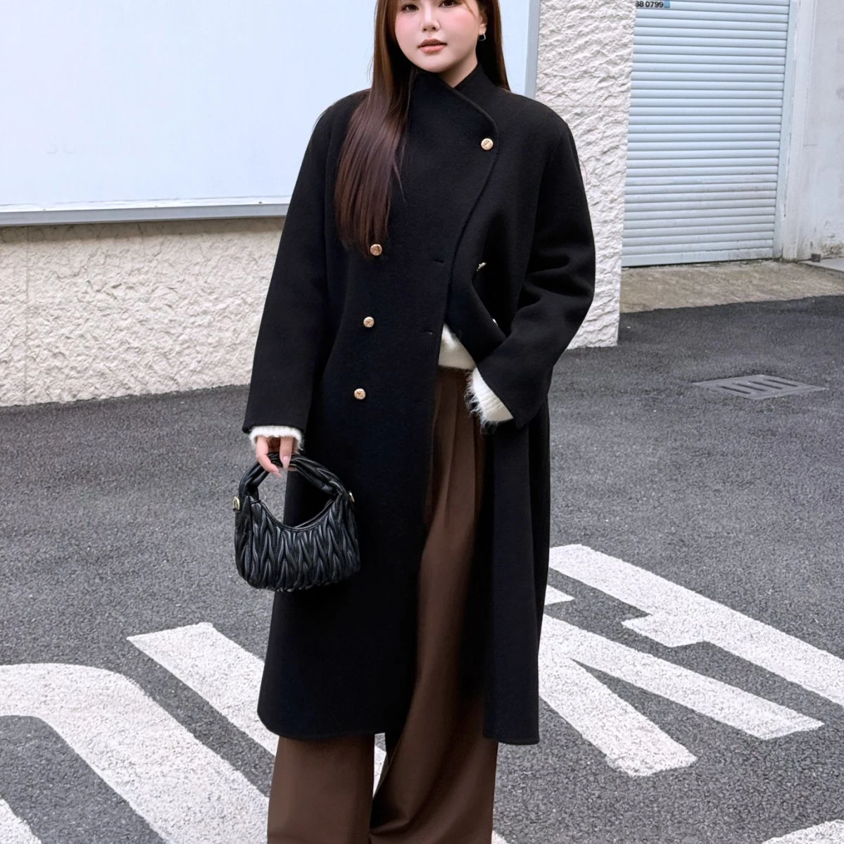 Fashion Plus Size Women Woolen Coat Premium Simple Luxurious Commuter 69% Wool Double Sided Gold Buckle Loose Long Overcoat 9428