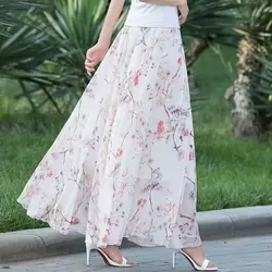 Womens Summer Skirts Hot Sales Korean Style Fashion Floral Print Chiffon High Waist Skirt Female Elegant A- line Boho Long Skirt