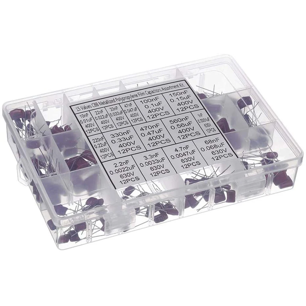 180Pcs 10Nf 400V-68Nf 630V CBB Film Capacitor Assortment Kit with Storage Box Durable