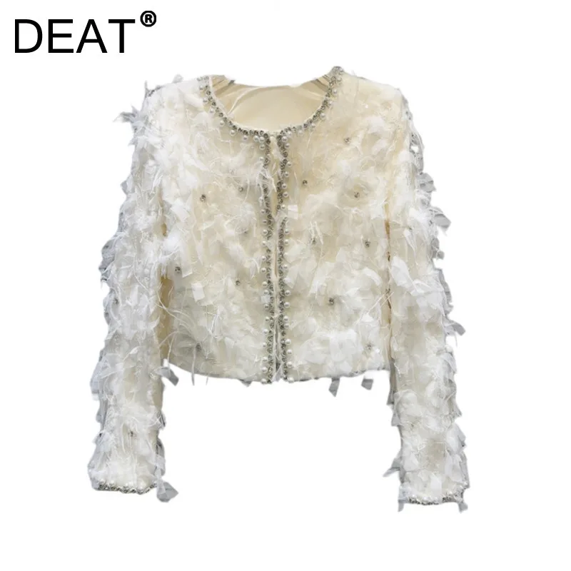 DEAT Women's Coat Pearls Crystal Solid Color Elegant Splicing Mesh Gauze Strip Feather Short Jacket 2024 Autumn New Fashion