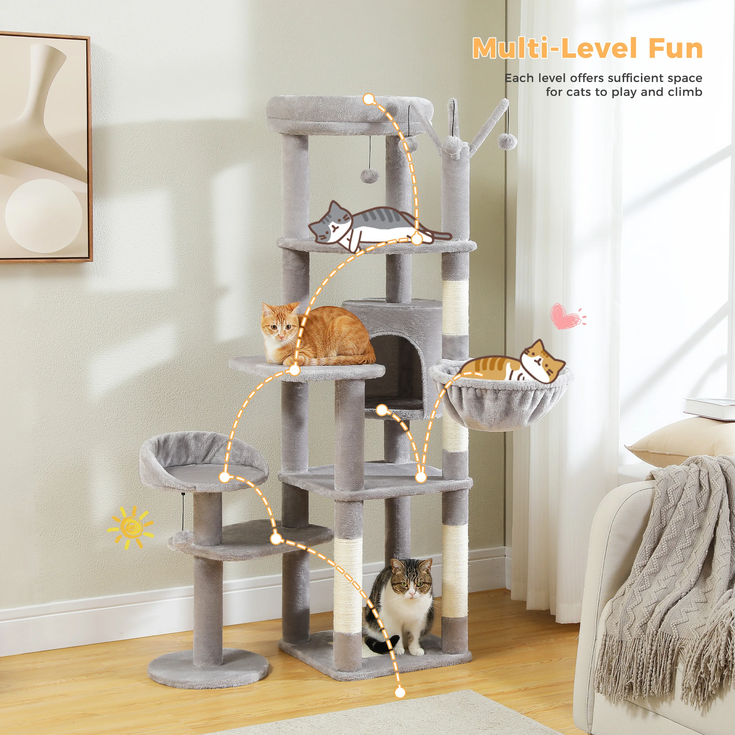 High Cat Tree Tower with Plush Hammock, Climbing and Jumping, Natural Sisal Scratching Posts for Indoor Cats, Luxury, 150cm